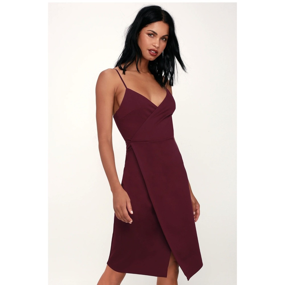 Lulus Have You Heard Plum Purple Surplice Midi Dress Wrap Skirt Cocktail XL